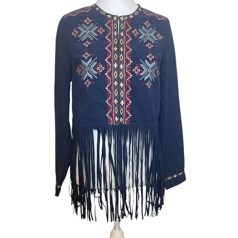 Flying Tomato Blue Faux Suede Southwestern Jacket Fringe Embroidered Small Aztec